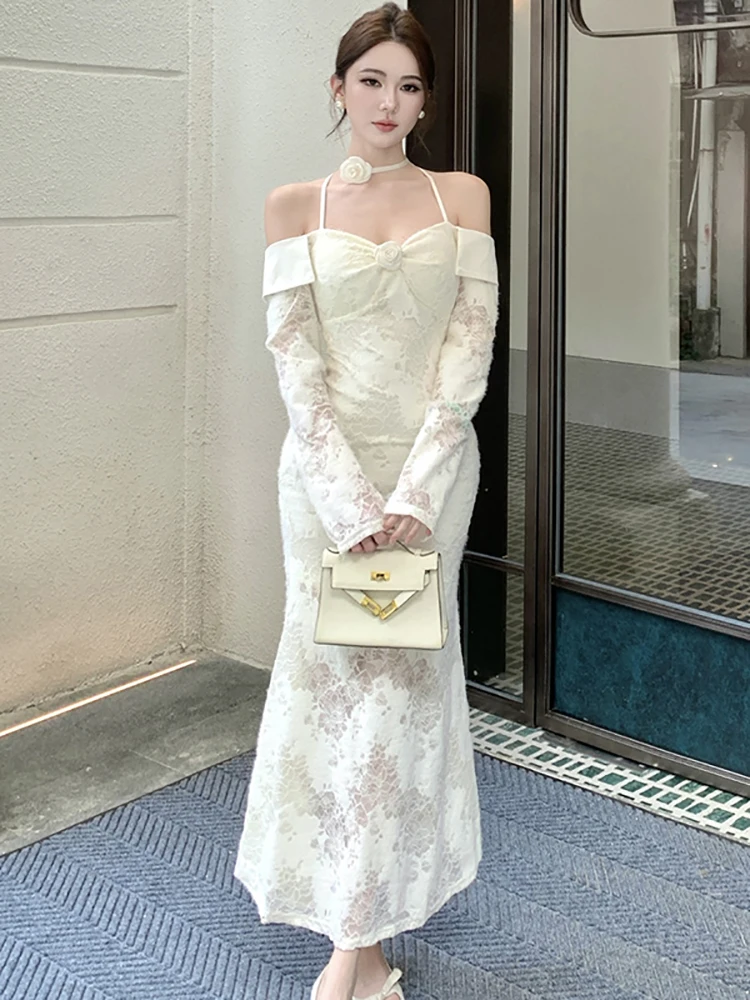 2025 Wit Kant Jacquard Chic Hals Gemonteerde Sexy Lange Jurk Vrouwen Koreaanse Mode Casual Jurk Herfst Elegante Bodycon Feestjurk