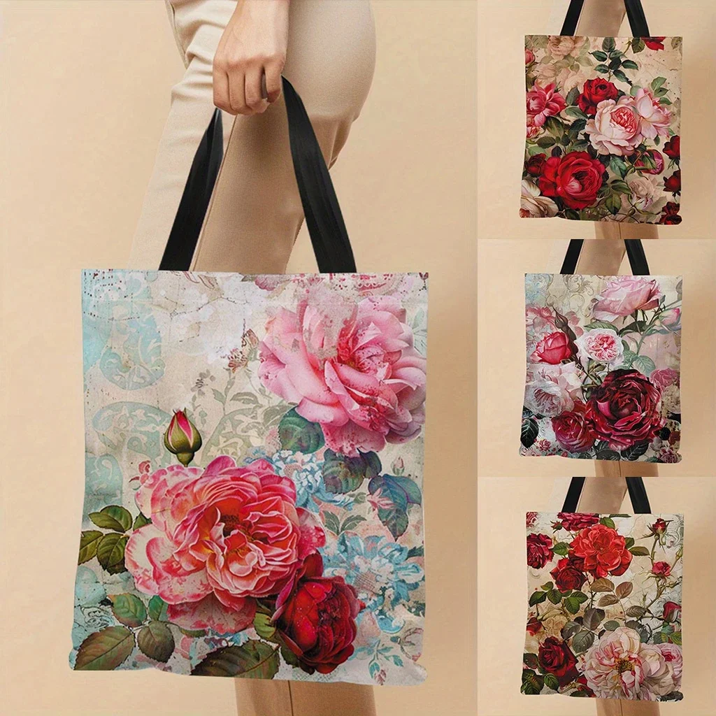 Vintage Floral Polyester Handbag - Durable & Lightweight, Perfect for Shopping, Handbag with Fixed Straps, Large Capacity