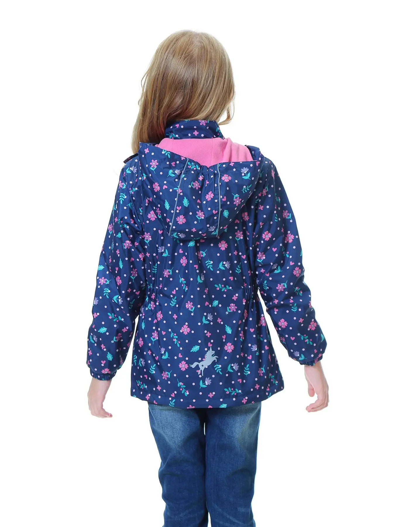 Girls Thin Fleece-lined Jacket With Hooded Reflective Label Zip-up Rain Jacket Windbreaker For Outdoor