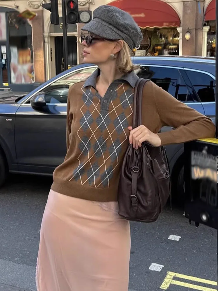 

HH 2025 Women Fashion Turn-down Collar Knitted Diamond Pullover Long Sleeves Button Autumn Sweater Cozy Loose Tops Mujer