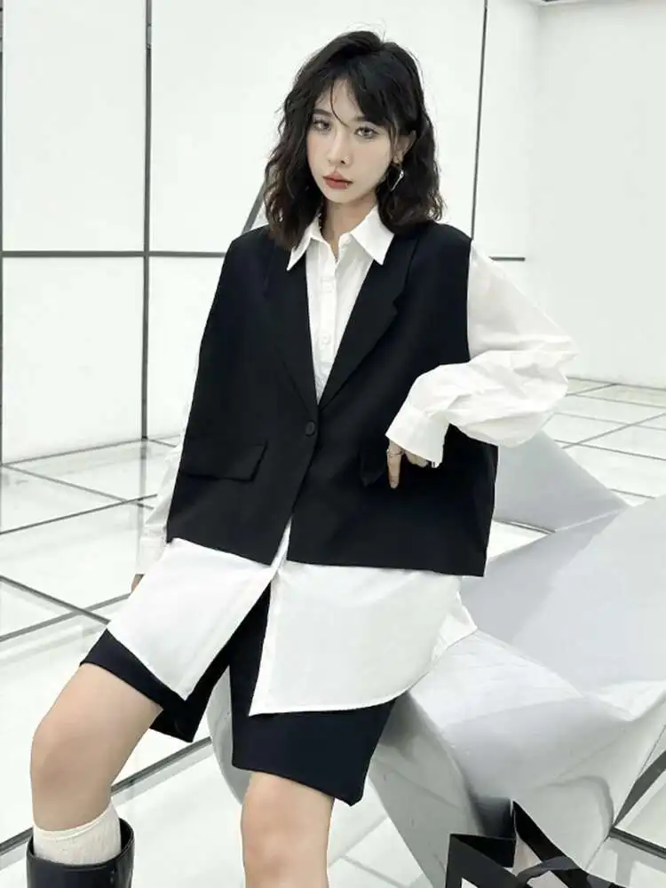 

Women White Spliced Color-block Big Size Blouse New Lapel Long Sleeve Shirt Fashion Tide Spring Autumn