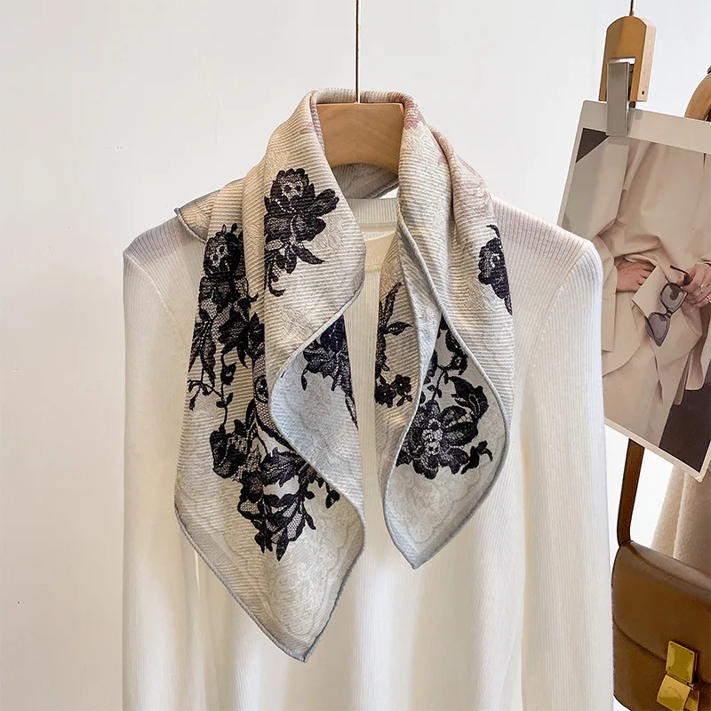 

Scarf Silk Women Autumn Winter Square Flower Wool Cashmere Warm Accessory For Cold Weather Spring Holiday Party Luxury