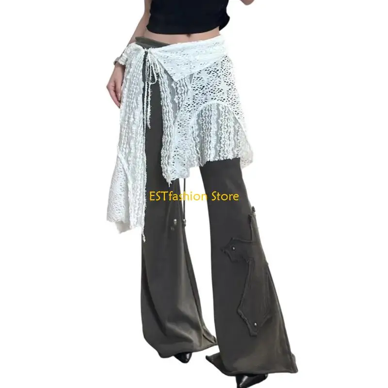 Y5GC Womens Aesthetic Overlay Half Wrap Skirt Hollowout Flower Lace Fart Curtain Apron Skirt Tie Up Asymmetrical Overskirt