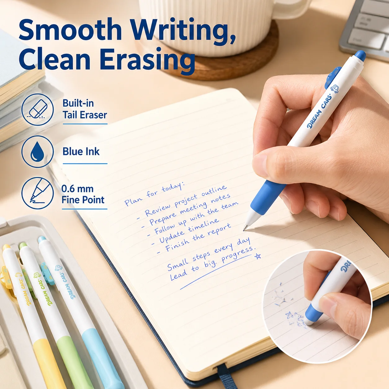 4 erasable ballpoint pens, 0.5mm fine blue ink, soft and comfortable grip, student diary notes, aesthetics school stationery