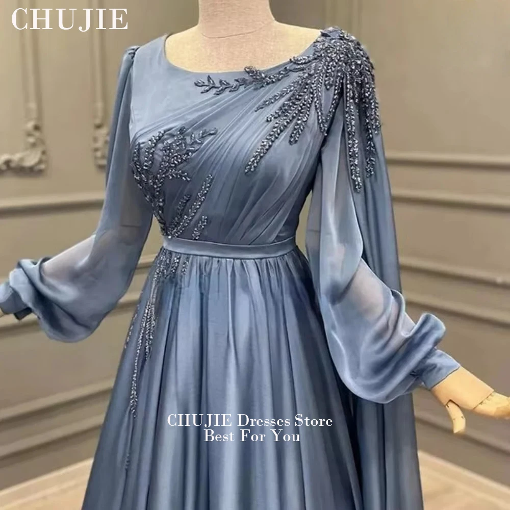 فستان سهرة إسلامي مطرز باللون الأزرق المغبر برقبة دائرية فساتين لحضور الحفلات الموسيقية شيفون بأكمام طويلة على شكل حرف a ثنيات فستان زفاف الضيوف حسب الطلب #4