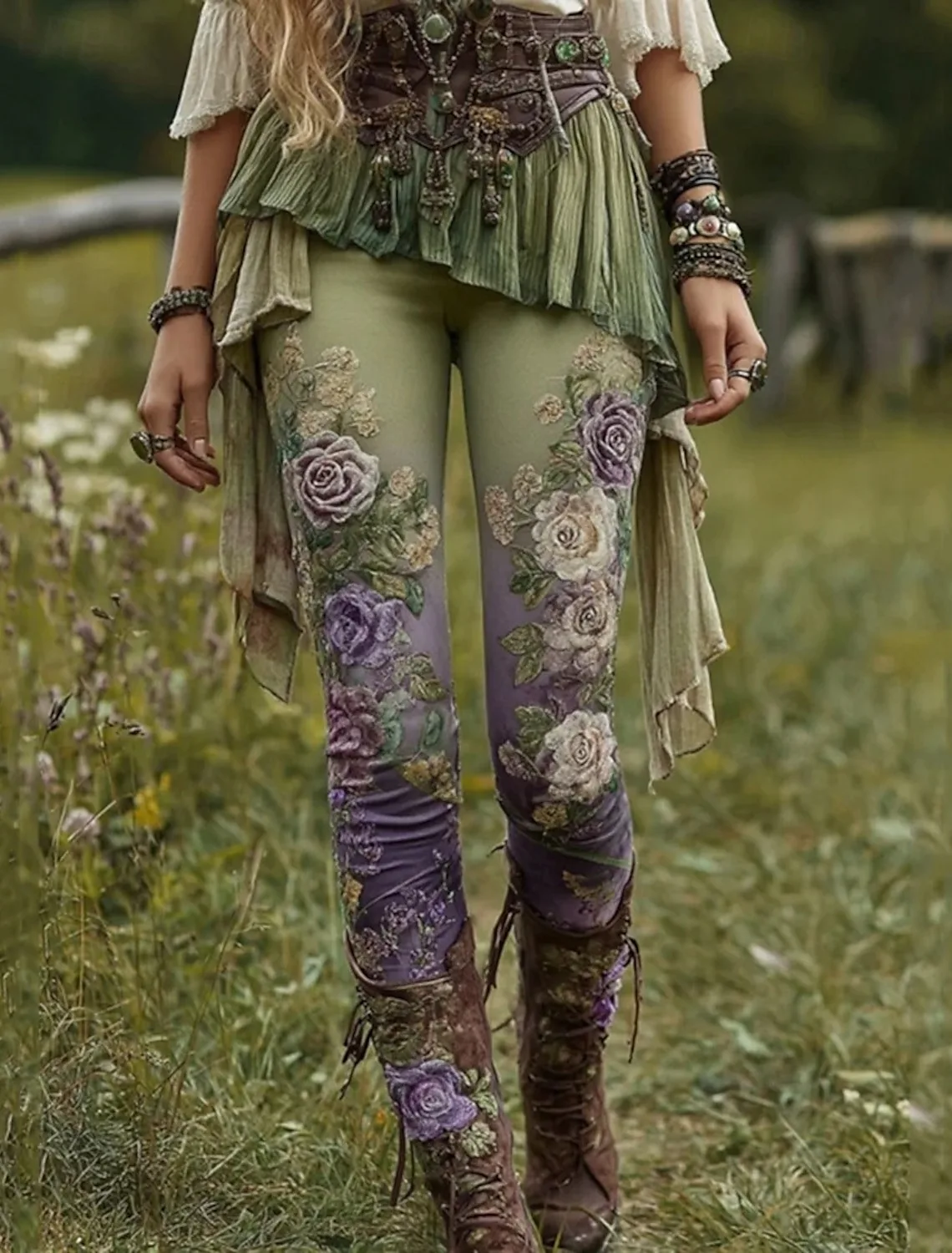 Pantalones de mujer Leggings con estampado de flores Leggings acogedores Casual Boho Longitud completa Cintura elástica Vacaciones en la calle Ropa diaria