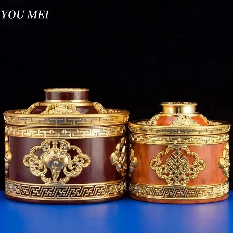 Tibetan Multiple Styles Brown Jar,Nepal Food Organizer Buddhism Resin Handicraft Storage Box,Buddhist Item Home Decorative