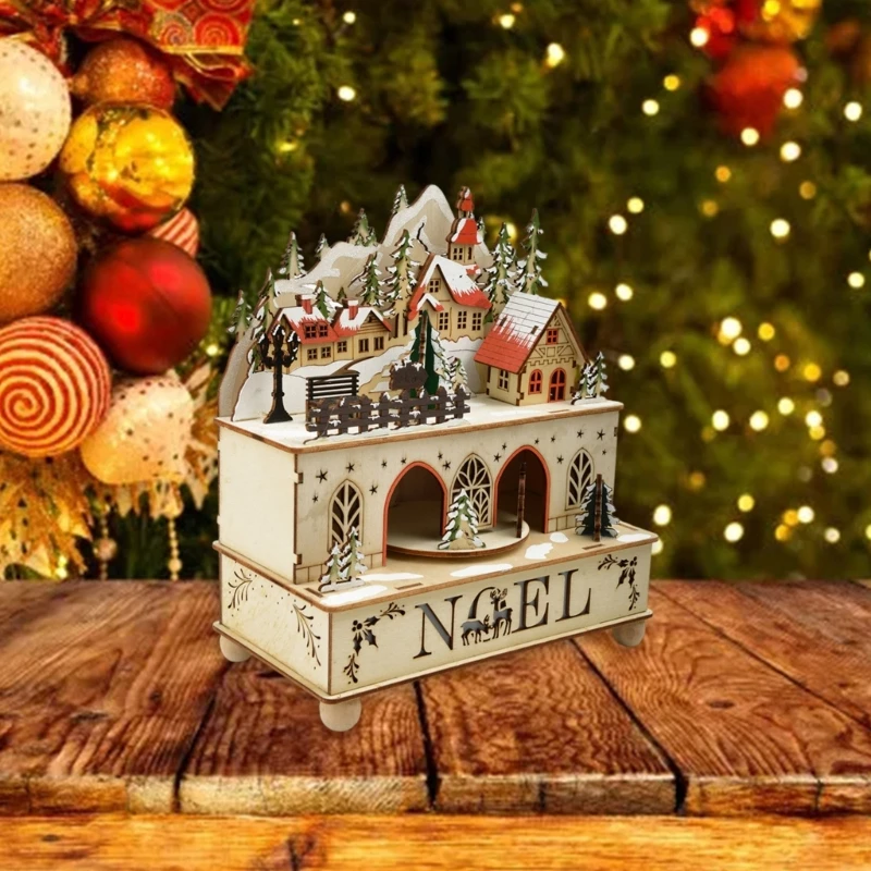 Vintage LED Light Christmas Wind Up Music Box Wood Village House with Rotating Figurine and Holiday Tune for Home Decors