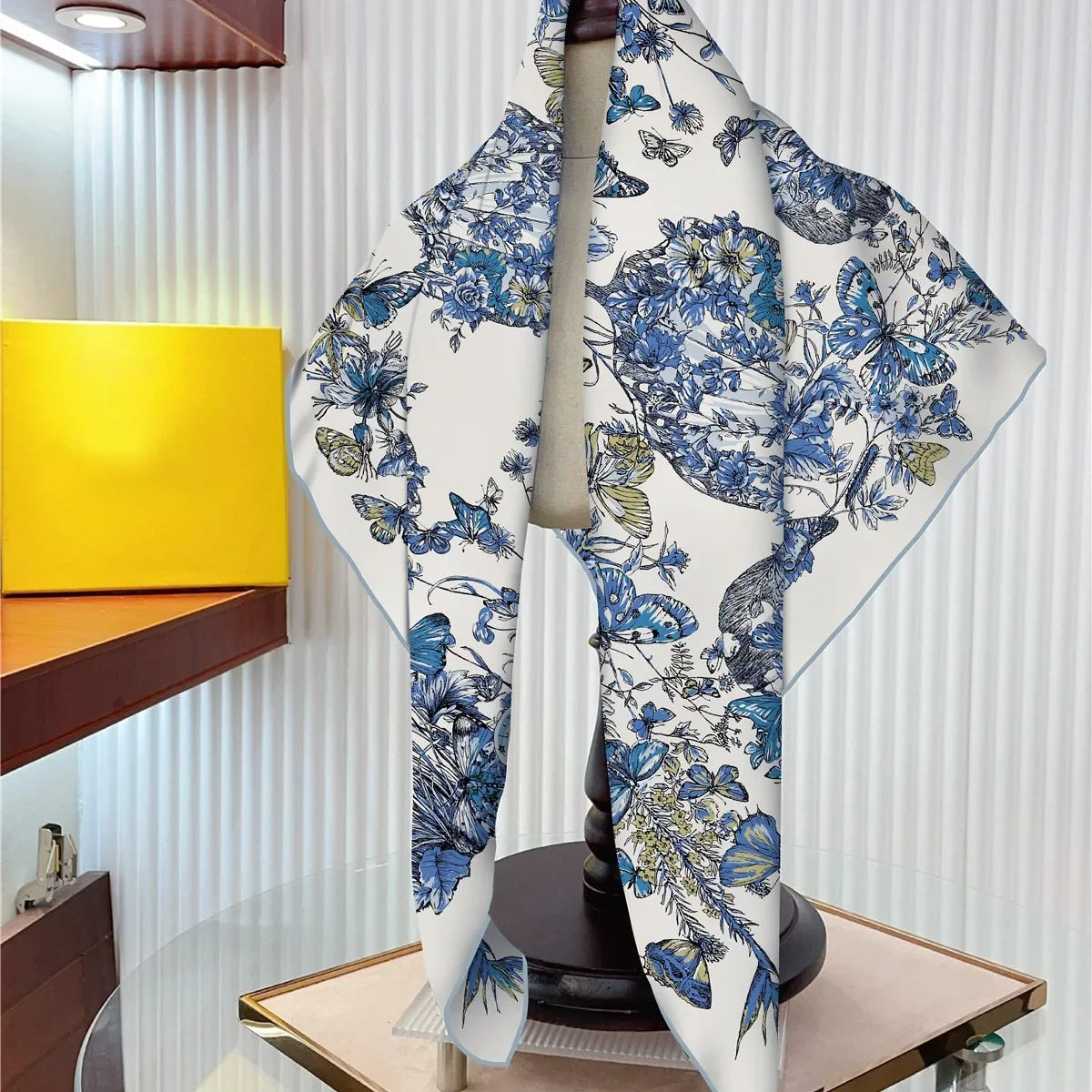 

90Cm Korean Version Butterfly Flower Women Twill Silk Decoration Sun Protection Shawl Large Square Scarf Headscarf Scarf
