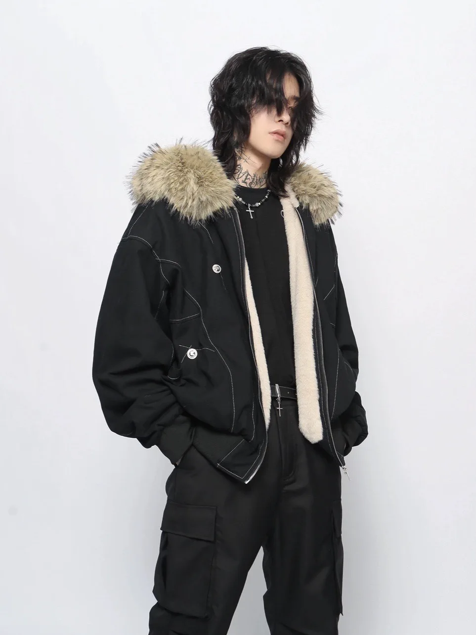 American Retro High Street High-End Feel Fur Collar Fleece-Lined Thickened Hooded Jacket Loose Casual Jacket Cotton Coat  Men