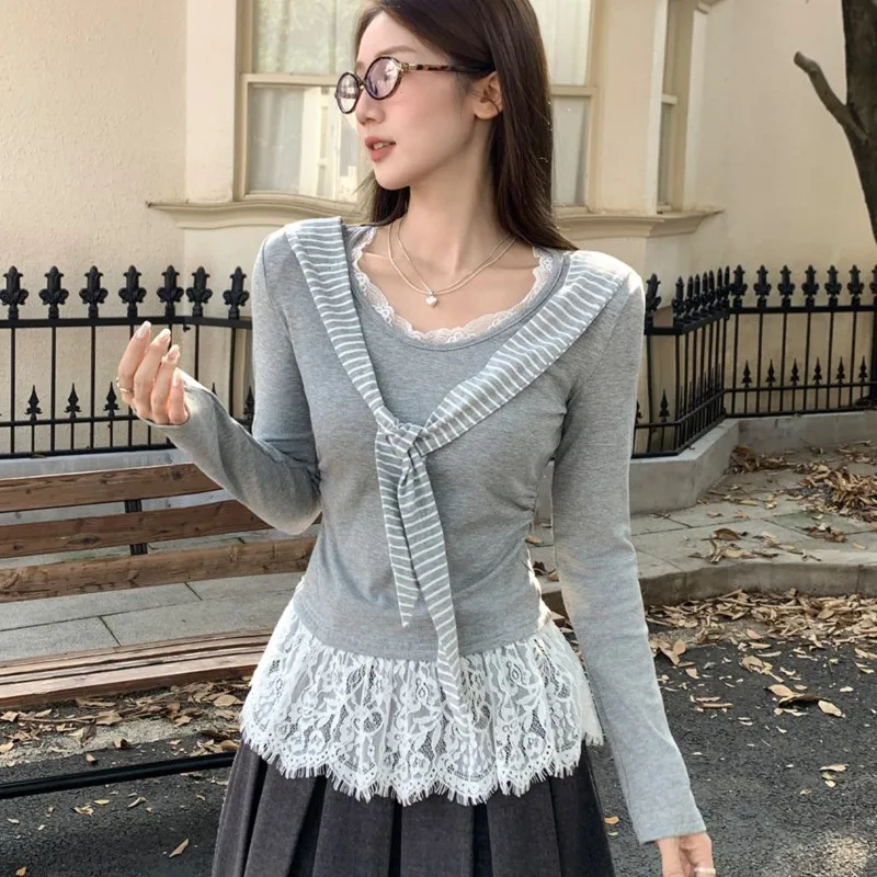 

Johnature Korean Striped Shawl Faux Two-piece Long-sleeve T-shirt For Women Autumn Navy Collar Lace Fitted Top Render T-shirts