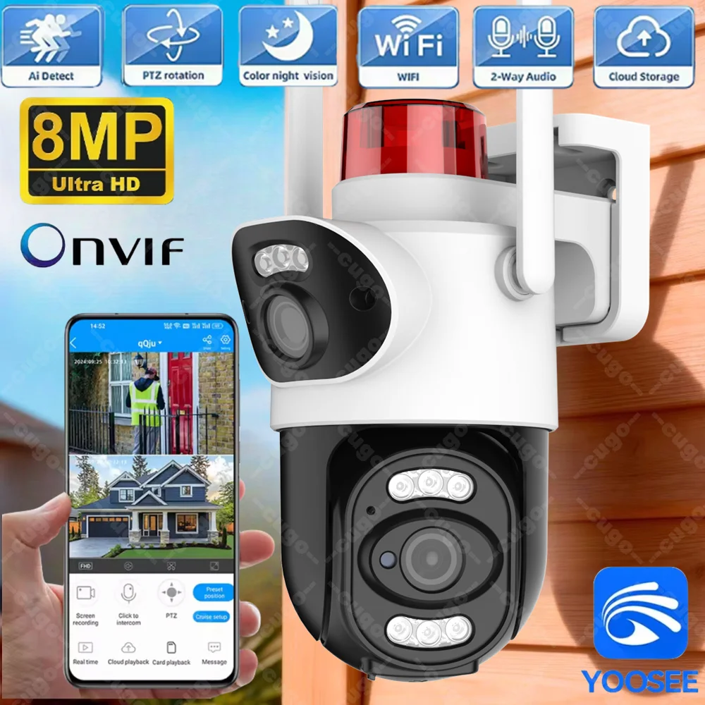 4K 8MP WiFi Surveillance Camera With Warning Lights, AI Human Detect, Dual Lens Cam, 10X Digital, Outdoor Security PTZ IP Camera