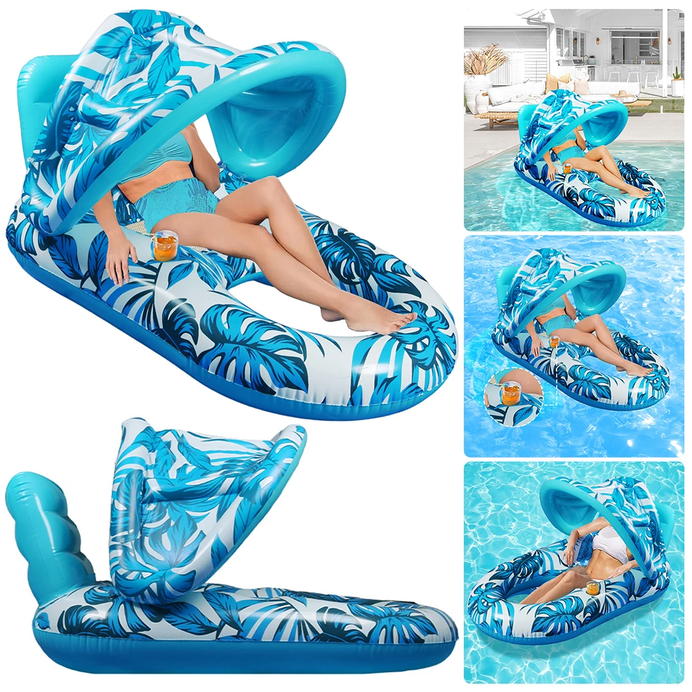 Inflatable Floating Bed with Sunshade Inflatable Water Sleeping Bed Floating Lounger Air Mattress for Swimming Pool Party