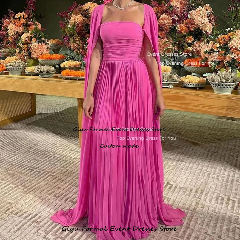 Giyu Hot Pink Chiffon Long Evening Dresses Cape Sleeves A-Line Prom Dresses Floor Length Formal Pleat Ruched Prom Gowns Elegant