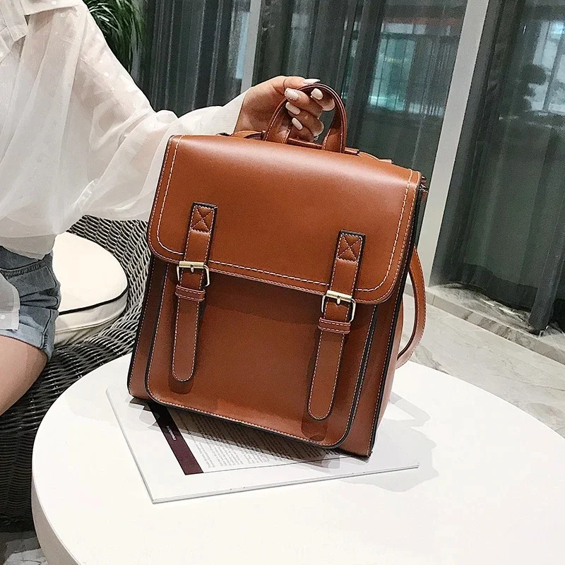 Preppie Style Women Backpack Pu Leather Shoulder Bag Multi-Function Female Backpack Vintage School Bag for Girls Leisure Bag Sac