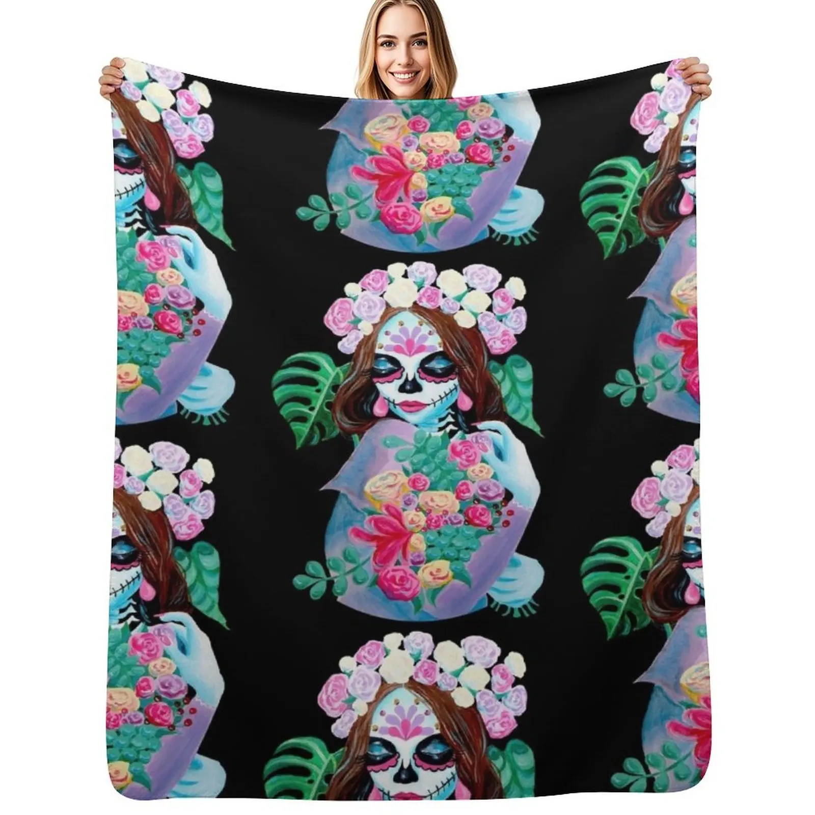 

Sugar Skull Girl with Flowers - La Catrina Throw Blanket blankets and throws Heavy Custom Summer Blankets