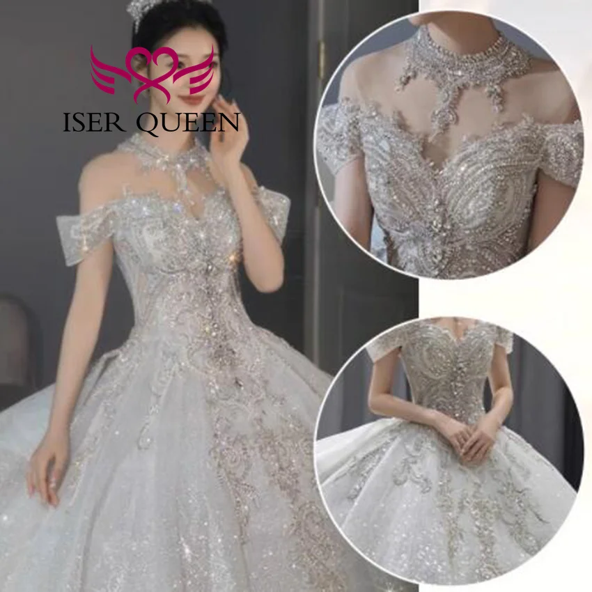 カスタマイズされた光沢のあるチュール高級ウェディングドレス 2025 新しいビーズレースアップリケネックレス品質の花嫁のドレス女性のための WX0435