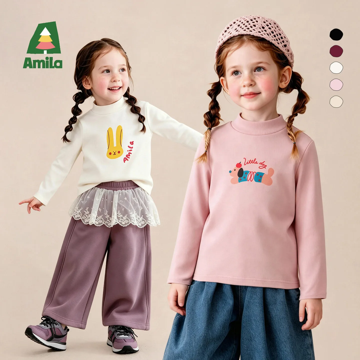 Amila 2026 Winter New Kids T Shirt Half Turtleneck Cute Fun Cartoon Print Stretchy Extra Soft Cozy Inner Layer Daily Top