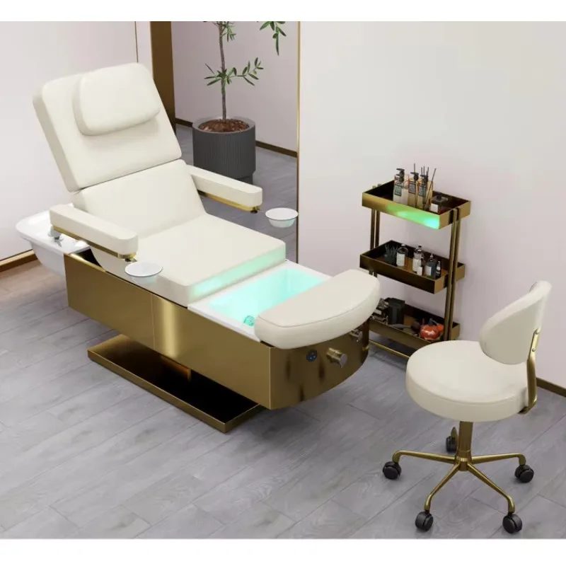 Estação de lavagem de cabelo spa, cama de shampoo de massagem com tigela de shampoo de salão de grandes dimensões e vapor de circulação de água