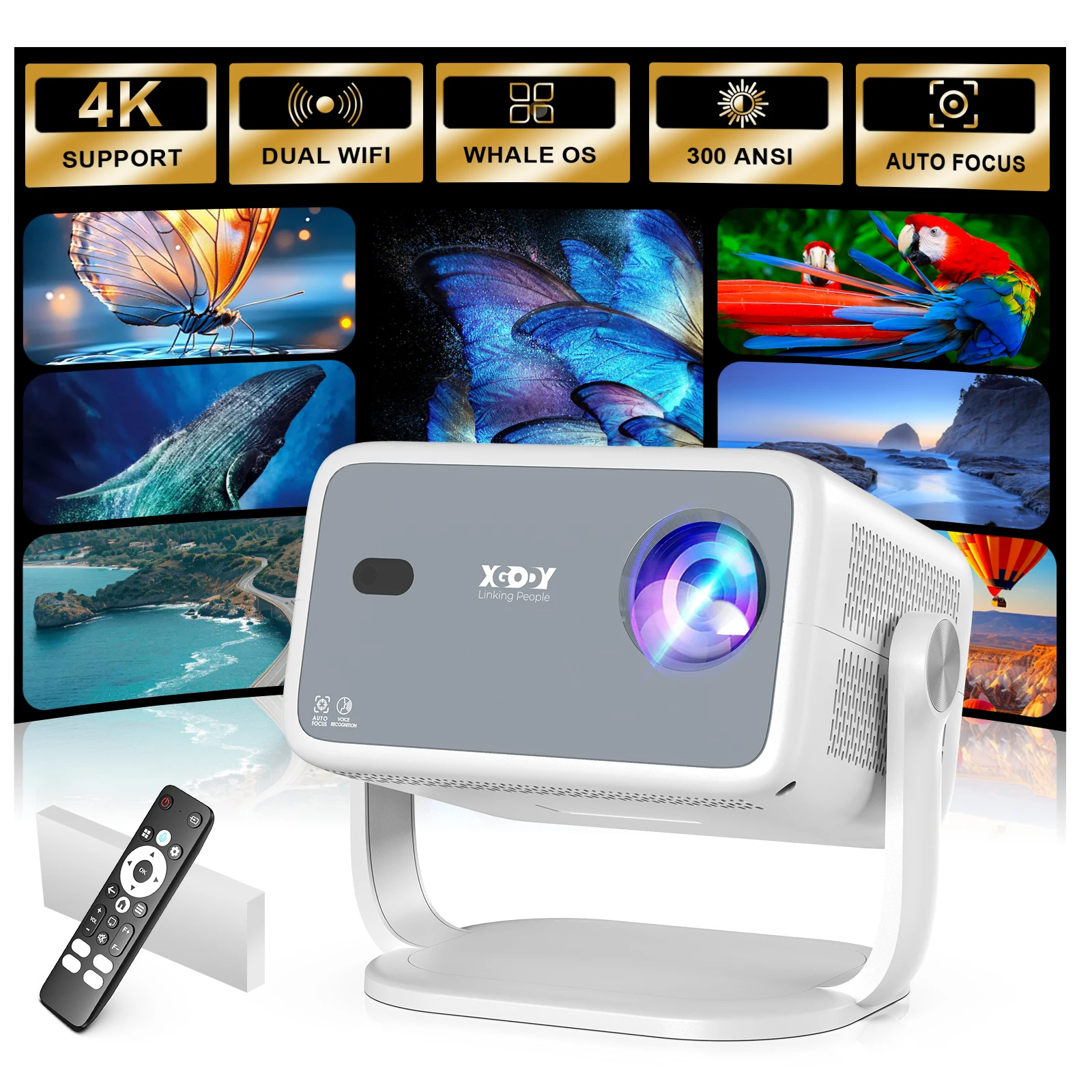 XGODY Projector Compatible with Netflix 4K Native 1920*1080P  300ANSI With  Focus Wifi6 BT5.2 Home Outdoor Projector ﻿
