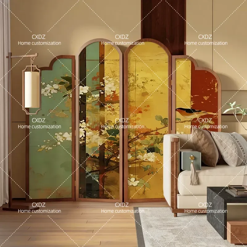Song Style Aesthetics New Chinese Retro Flowers Birds Solid Wood Screen Partition Living Room Entrance Movable Sofa