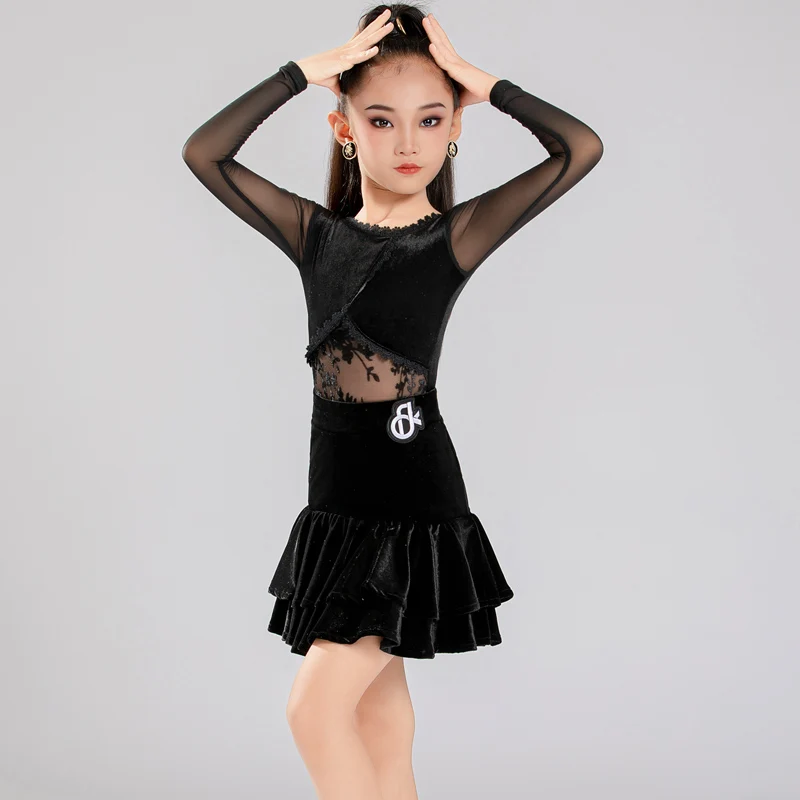 

Платье для латинских танцев для девочек 2025 года, детский танцевальный костюм для румбы и чачи, розовое, черное платье с длинными рукавами, одежда для выступлений