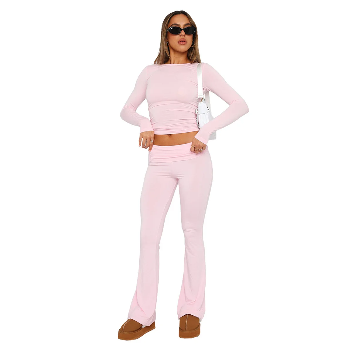 Fashion High Waisted Flare Pants Y2K Autumn Elegant Pencil Streetwear Pant Long Solid Woman Retro Legging Pink Trousers New 2023