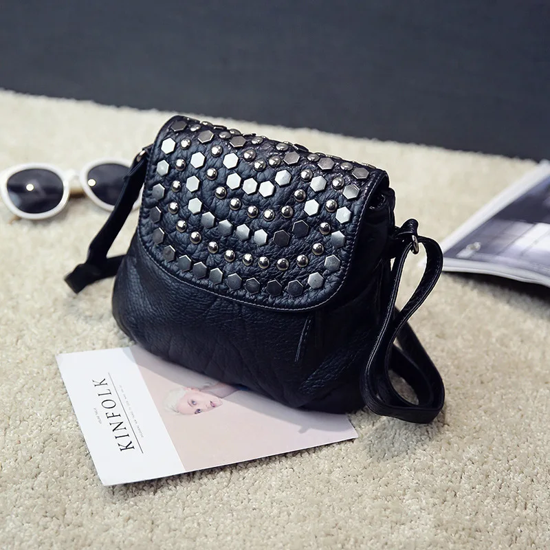 

Daily Fashion Commuting Bag Women's New Wash Leather Double Layer Korean Fashion Rivet Single Shoulder Messenger Soft