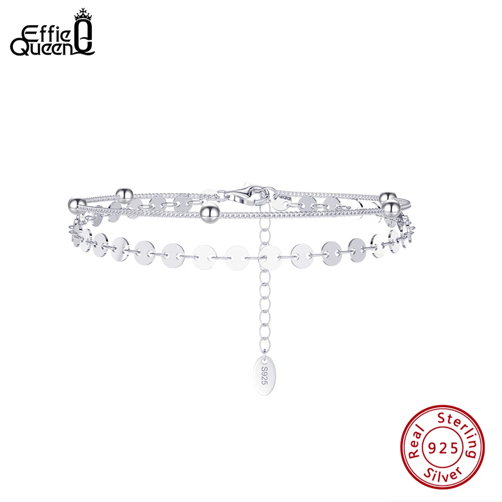 EFFIE QUEEN 925 Sterling Silver Round Bead Sequin Shiny Bracelet Daily Double Layered Chain Beads Bracelet Fashion Jewelry SB174