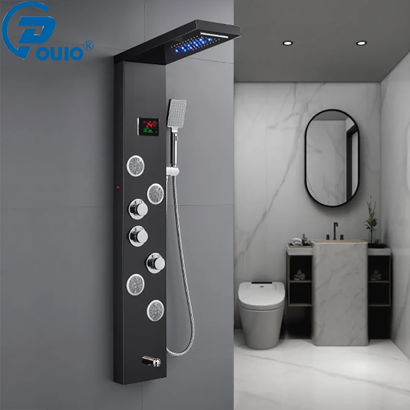 

OUIO Black Shower Panel Wall Mounted LED Rainfall Shower Head Rain Massage Stainless Steel Bathroom Shower Panel Bathtub Mixer