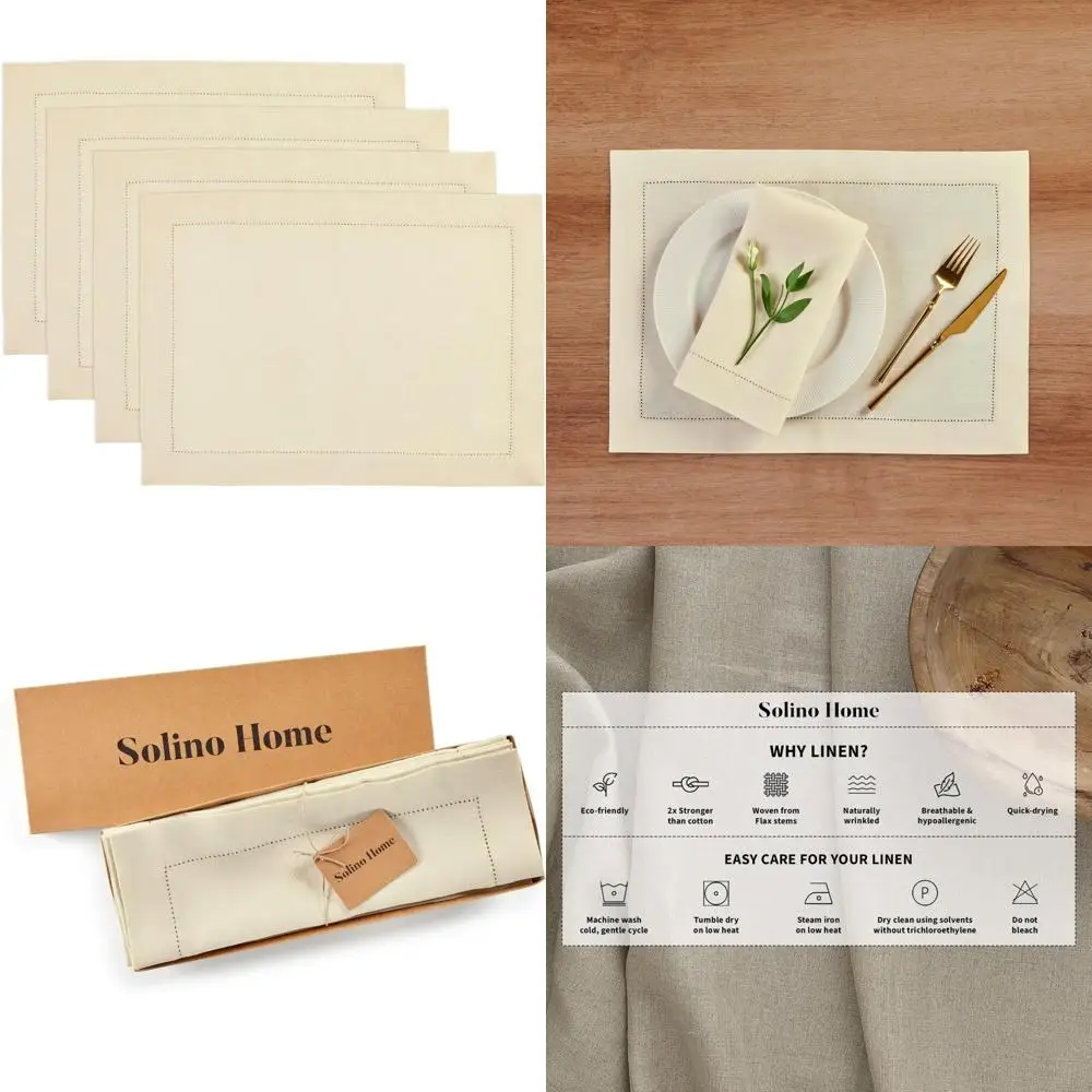 

Pure Linen Placemats Set of 4 - Medium Weight, Hemstitch Design, Creamy Ivory, 14x19 Inches, Handcrafted