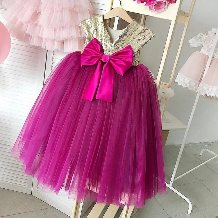 Fashion Sequin Baby Girl Princess bow Tutu Dress Long Feather Sleeve Child Vestido Wedding Party Birthday Xmas Baby Clothes