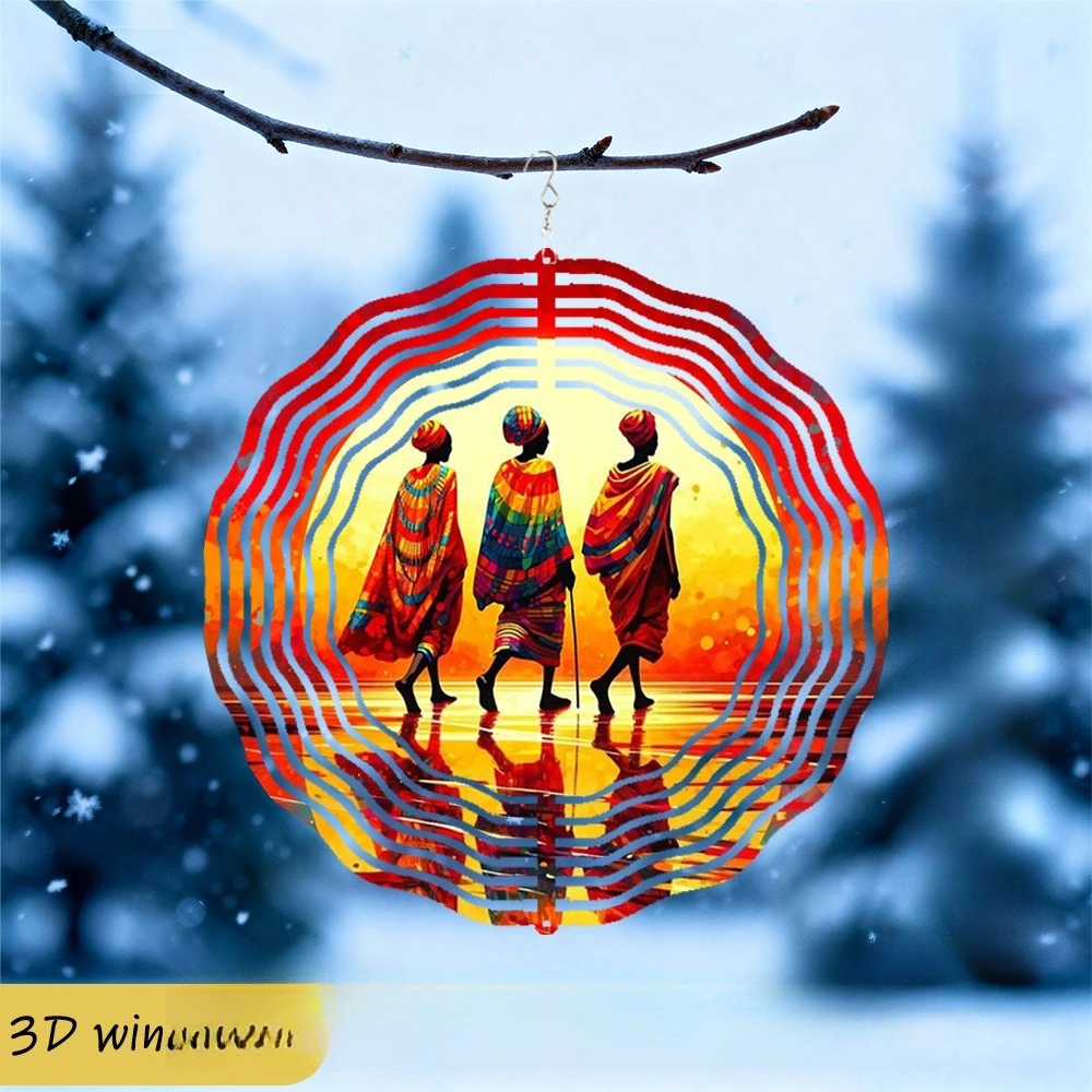 2D Flat3D 1pc, Three Figures in Colorful Clothing with Rotating Hook, Creative Wind Spinner  Metal Double-Sided Round Decorators
