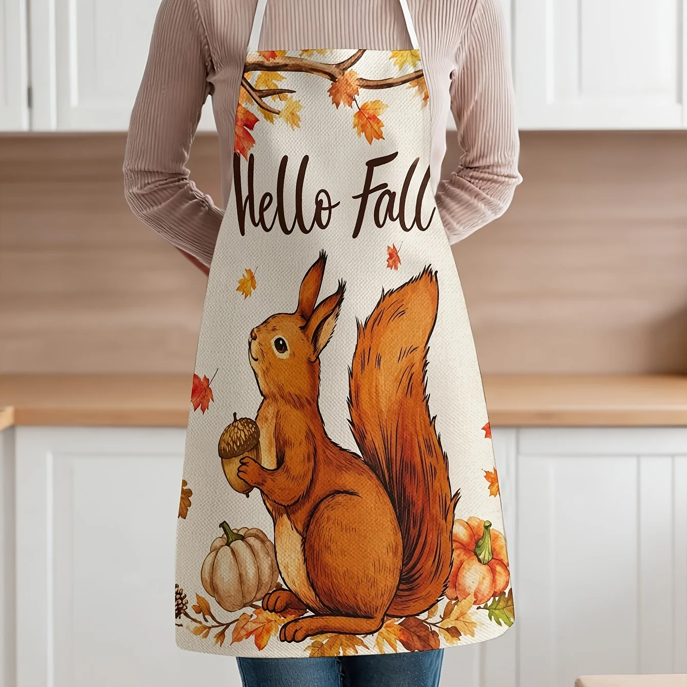 Hello Fall Autumn Squirrel Kitchen Apron Cute Fall Harvest Print Apron for Cooking Baking Gift