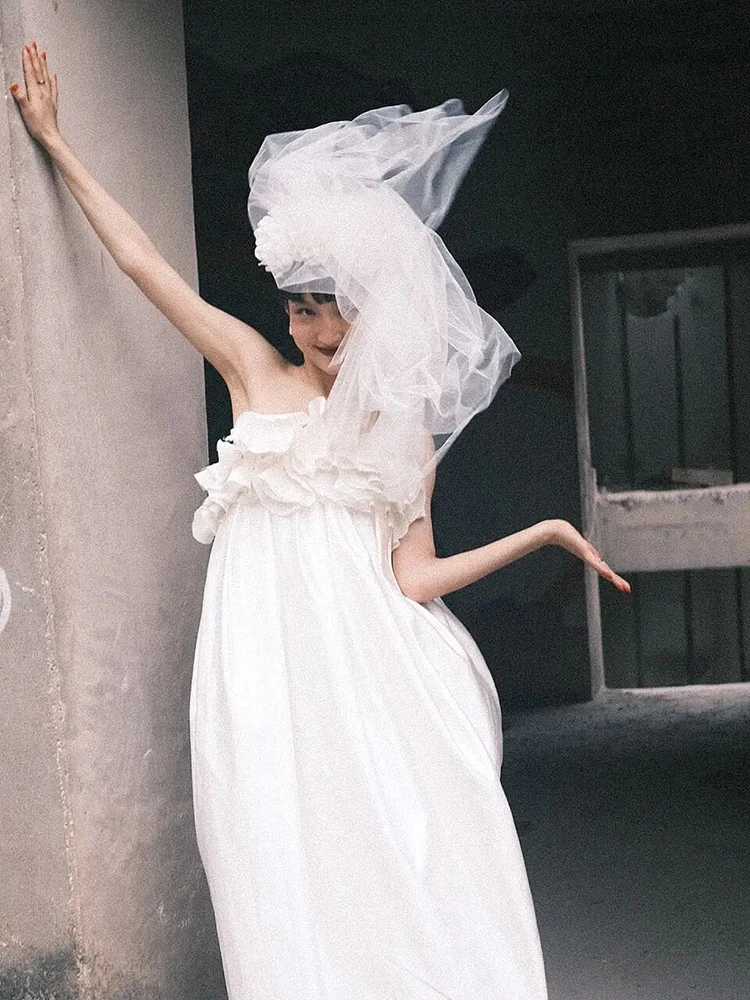 Vestido de Novia de Tafetán Estilo Dulce Sin Tirantes, Túnica de Mañana de Cintura Alta, Largo Midi, Vestido Ligero para Fiesta de Compromiso o Boda