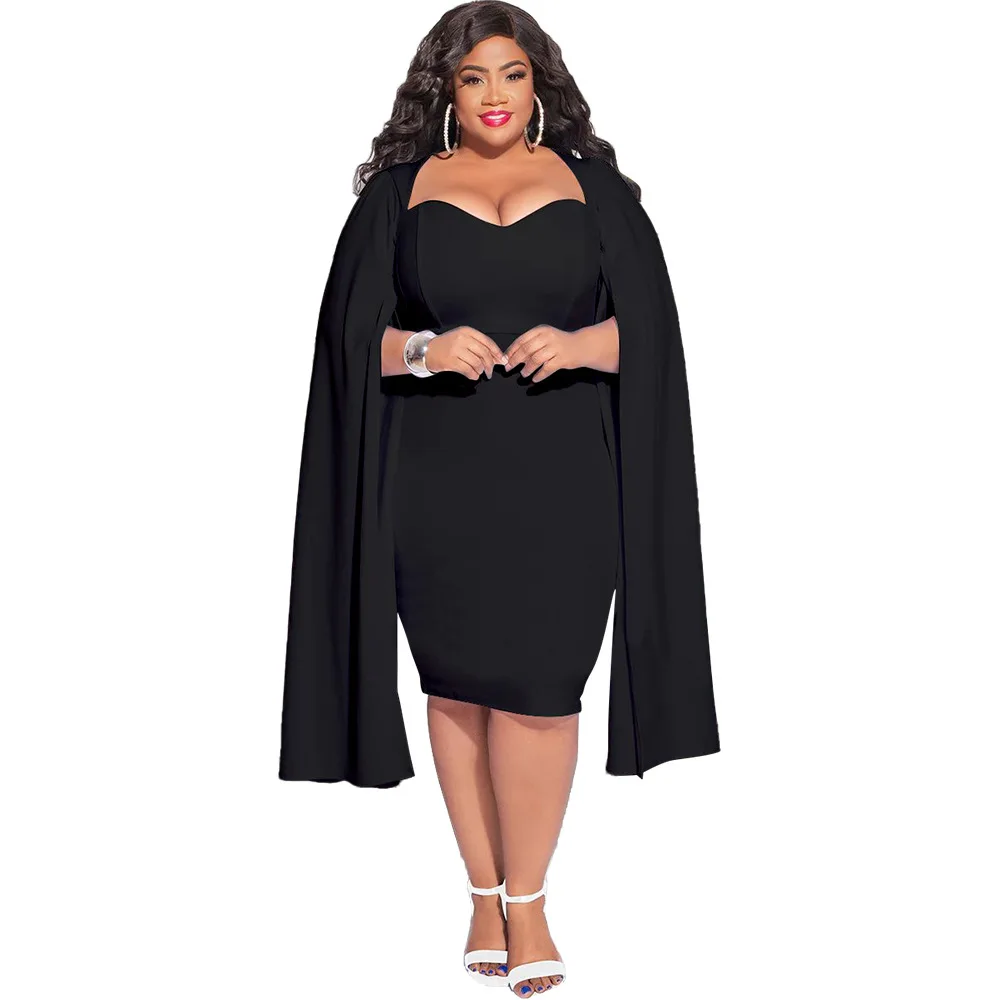 Jesienno-zimowa Plus Size damska sukienka z długa peleryna V Neck jednolita seksowna damska sukienka biurowa w stylu Bodycon 2022 nowa Drop Shipping