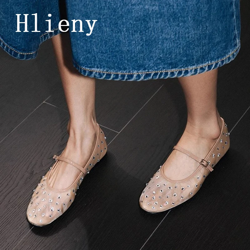 hlieny-ファッションクリスタル女性バレエフラットメッシュダンスフラットシューズカジュアルドライビングウォーキングローファーバックルストラップレディースミュールサンダル