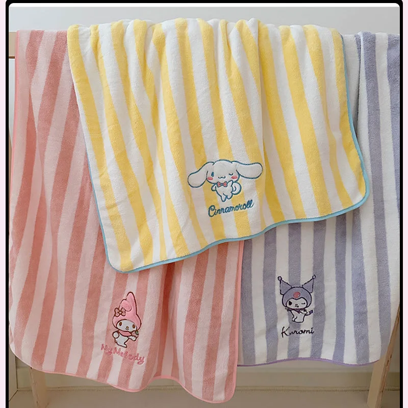 Miniso Sanrio Kuromi Cartoon Striped Bath Towel Hair Drying Cap Microfiber Towel For70x140cm Coral Velvet Drying Fast Bath Towel