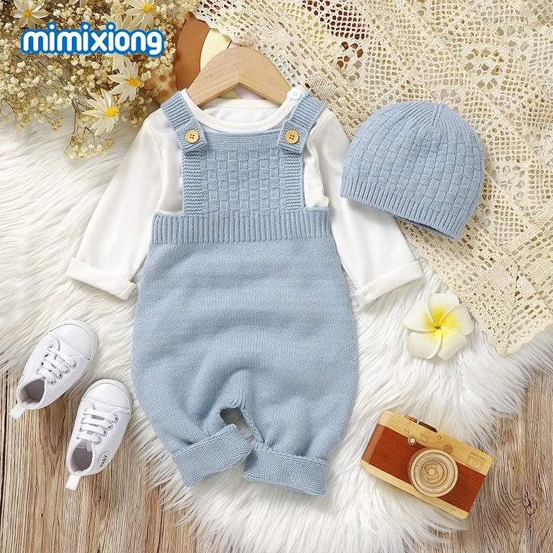 Newborn Baby Sleeveless Rompers Sleeveless Knit Infant Boys Girls Strap Jumpsuits Hats Clothes Sets 0-18m Toddler Playsuits 2pcs
