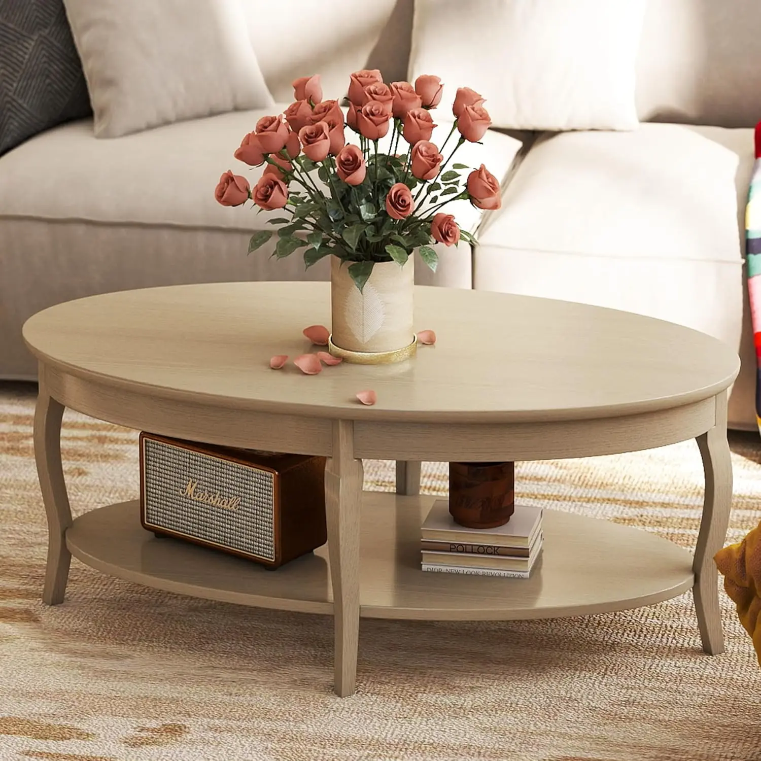 

Oval Solid Wood Coffee Table with Storage Rustic Farmhouse Center Table for Living Room Guest Reception Waiting Room, Customized