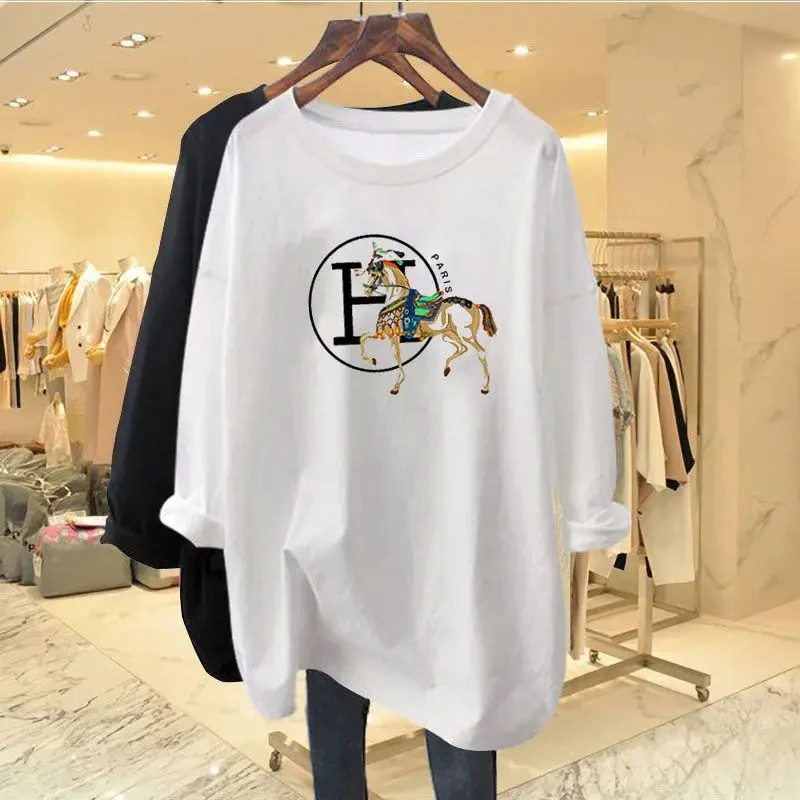 Women Clothing Chic Y2k Printed T-shirt Long Sleeve Pure Cotton O-neck Pullovers Autumn New Loose Casual All-match Top Tees