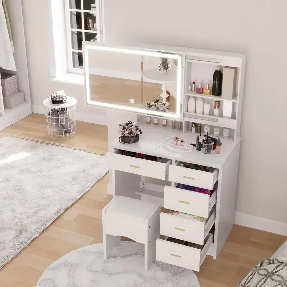 31.5 White Makeup Vanity Desk with Sliding Mirror, 3 Lights, and Storage Shelves for Bedroom