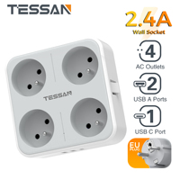 TESSAN Multiple Wall Socket Extender with 4 Outlet 2 USB 1 Type C French Electric Socket Adapter with Switch Overload Protection