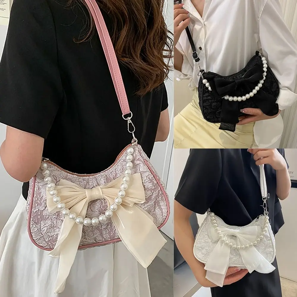 Vintage Pearls Shoulder Bag Butterfly Ribbon PU Leather Underarm Bag Large Capacity Crossbody Bag Women Girls