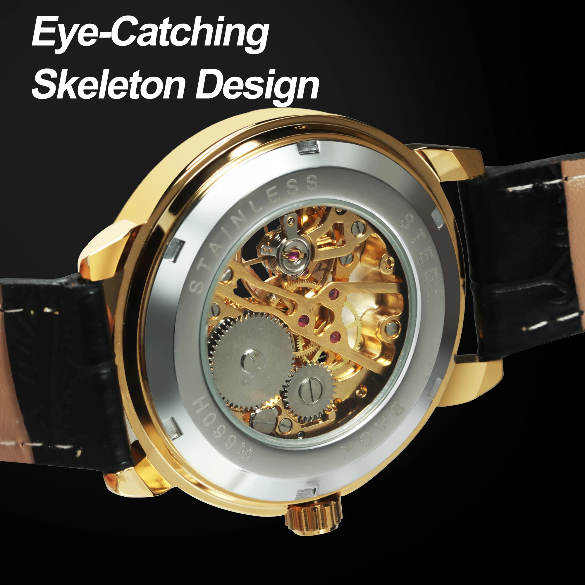 WINNER Vintage Mens Watches Top Brand Luxury Gold Skeleton Mechanical Watch Black Leather Strap Classic Wristwatches Luminous