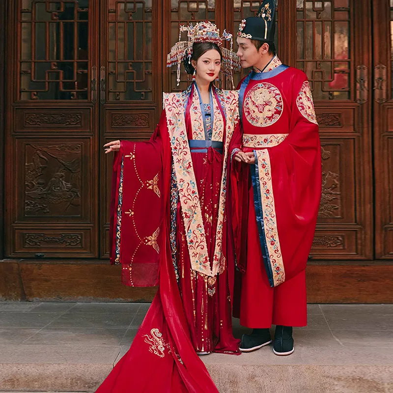 

Song Hanfu Свадебная одежда Часов и халаты 2024, новый парный стиль, древний китайский костюм со шлейфом, платье, мужские и женские костюмы