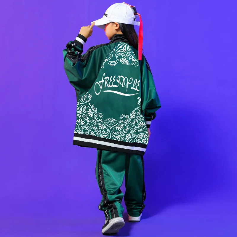 Kids Kpop Hip Hop Clothing Green Print Oversized Shirt Jacket Sweat Pants for Girls Bosy Jazz Dance Costume Clothes Outfits