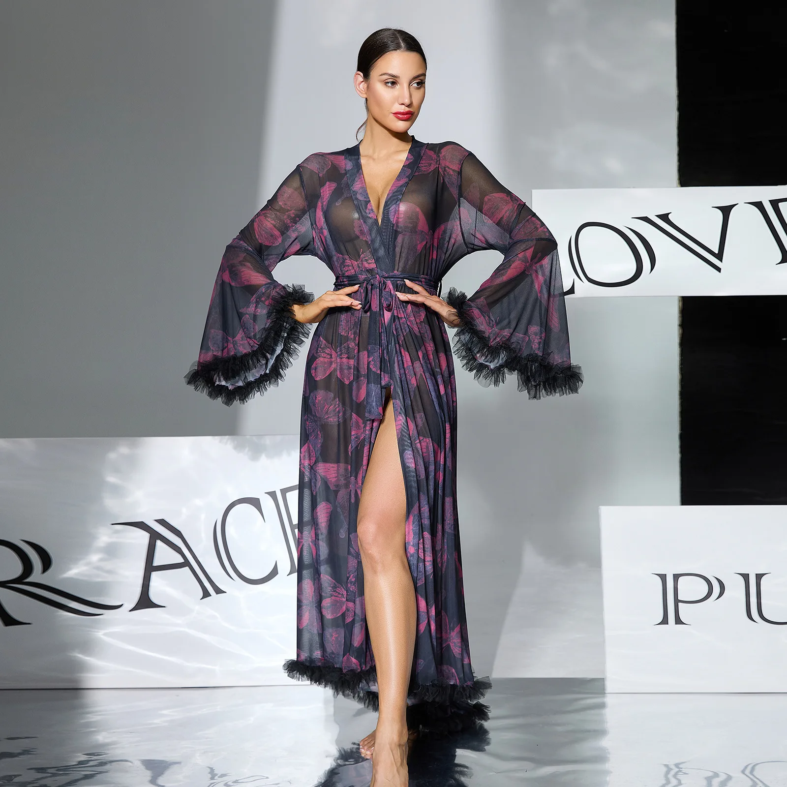 

Fashion Printed Long Sleeve Bathrobe For Women Spring Summer Thin Sleepwear Robe Tide Women's Shower Robes Wedding Dress