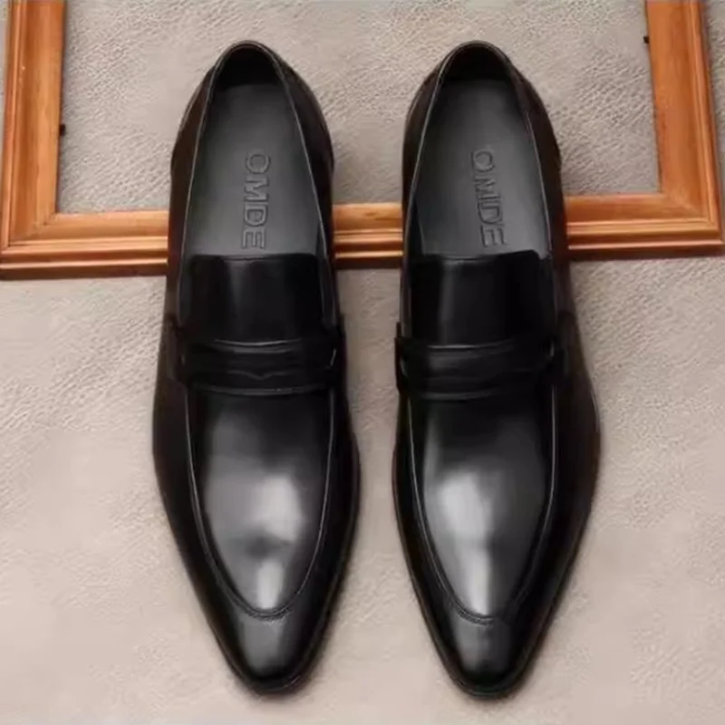 

British Style Genuine Leather Loafers Fashion Pointed Toe Slip-on Dress Shoes Men Business Formal Shoes