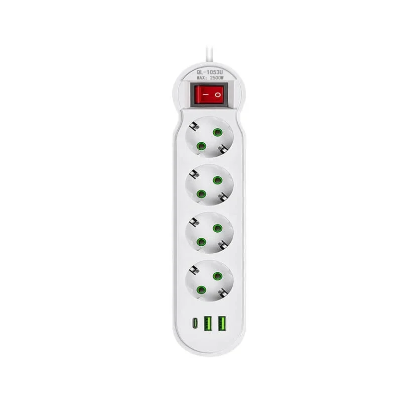 EU-stekker stekkerdoos 2/3/4/5 stopcontact Multitap-verlenging 10A met 2 USB 1 Type-C-poorten 2 m snoer stopcontact 2500 W